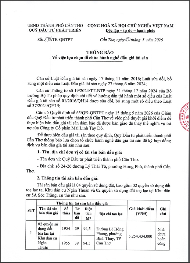 Thông báo về việc lựa chọn tổ chức hành nghề đấu giá tài sản